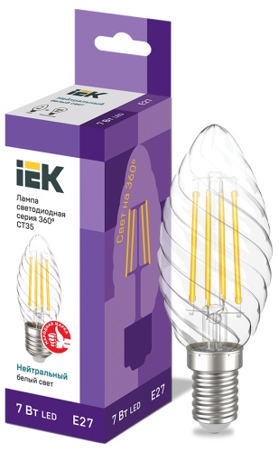 Лампа светодиодная CT35 свеча витая прозрачная 7Вт 230В 4000К E27 серия 360° | код LLF-CT35-7-230-40-E27-CL | IEK